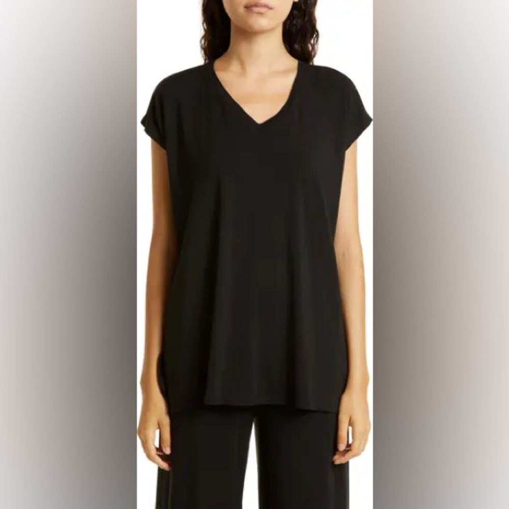 Eileen Fisher Stretch Jersey V-neck Long Boxy Top in Black; XS
